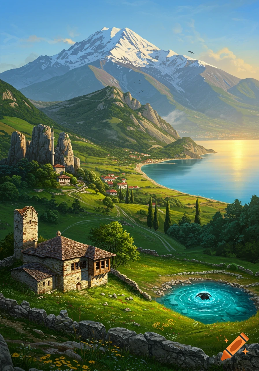 Vibrant digital painting of a picturesque mountain village with stone houses, green hills, a blue sea, and snow-capped mountains.