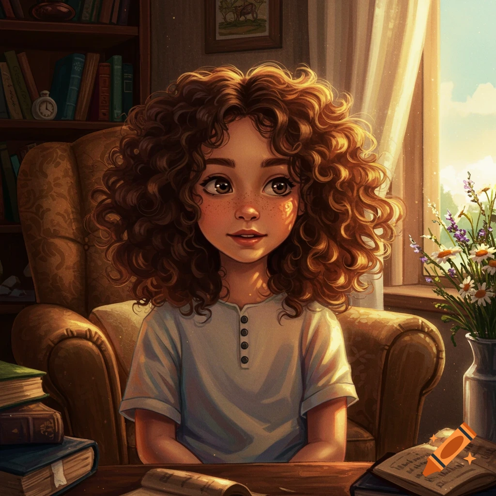 An illustrated young girl with voluminous curly brown hair sits in a cozy sunlit room surrounded by books and flowers.