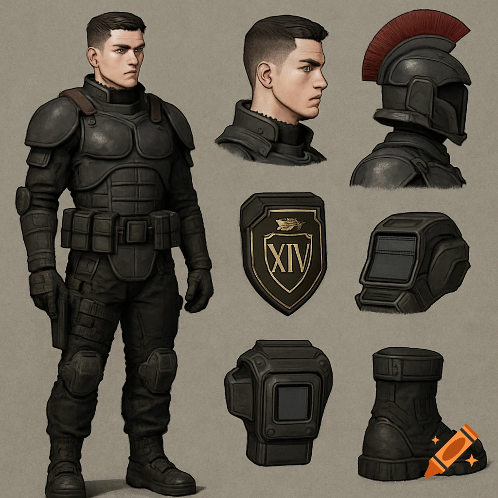 Detailed concept art of a futuristic combat soldier in matte black armor with separate views of his head, helmet, shield, and gear.