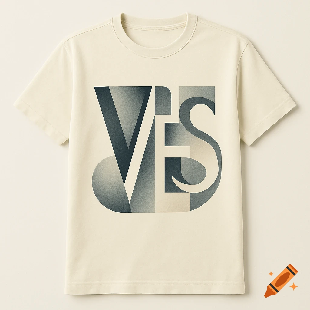 A cream t-shirt with a large, abstract graphic design of the letters VIES in a dark to light gray gradient.