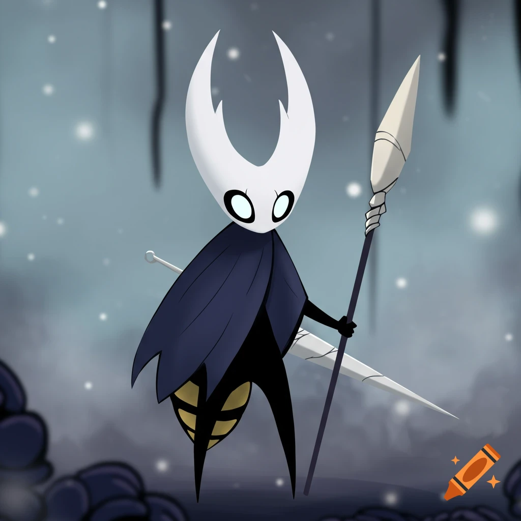 A stylized character from Hollow Knight, a white-masked bug-like figure with a dark cape and spear, against a misty background.