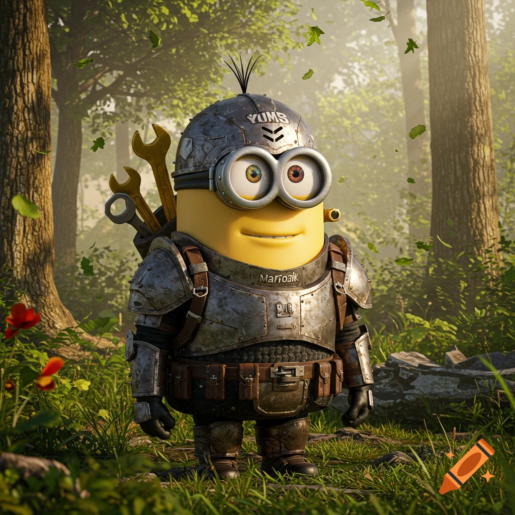 A Minion in heavy metal armor with wrenches on its back stands in a sunlit forest, text 'YUMS' on helmet.