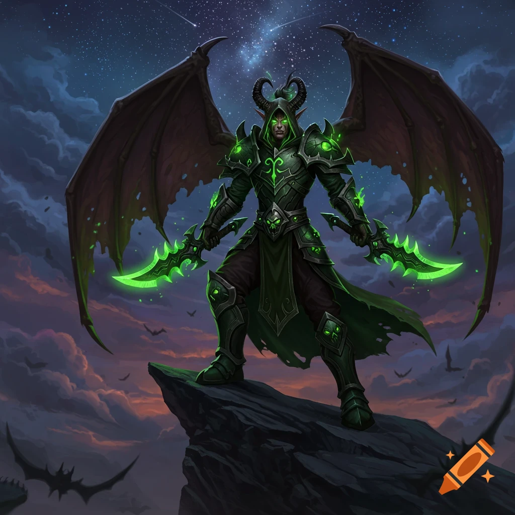 A horned, winged demon hunter in glowing green armor with daggers stands on a rocky peak under a starry night sky, fantasy art style.