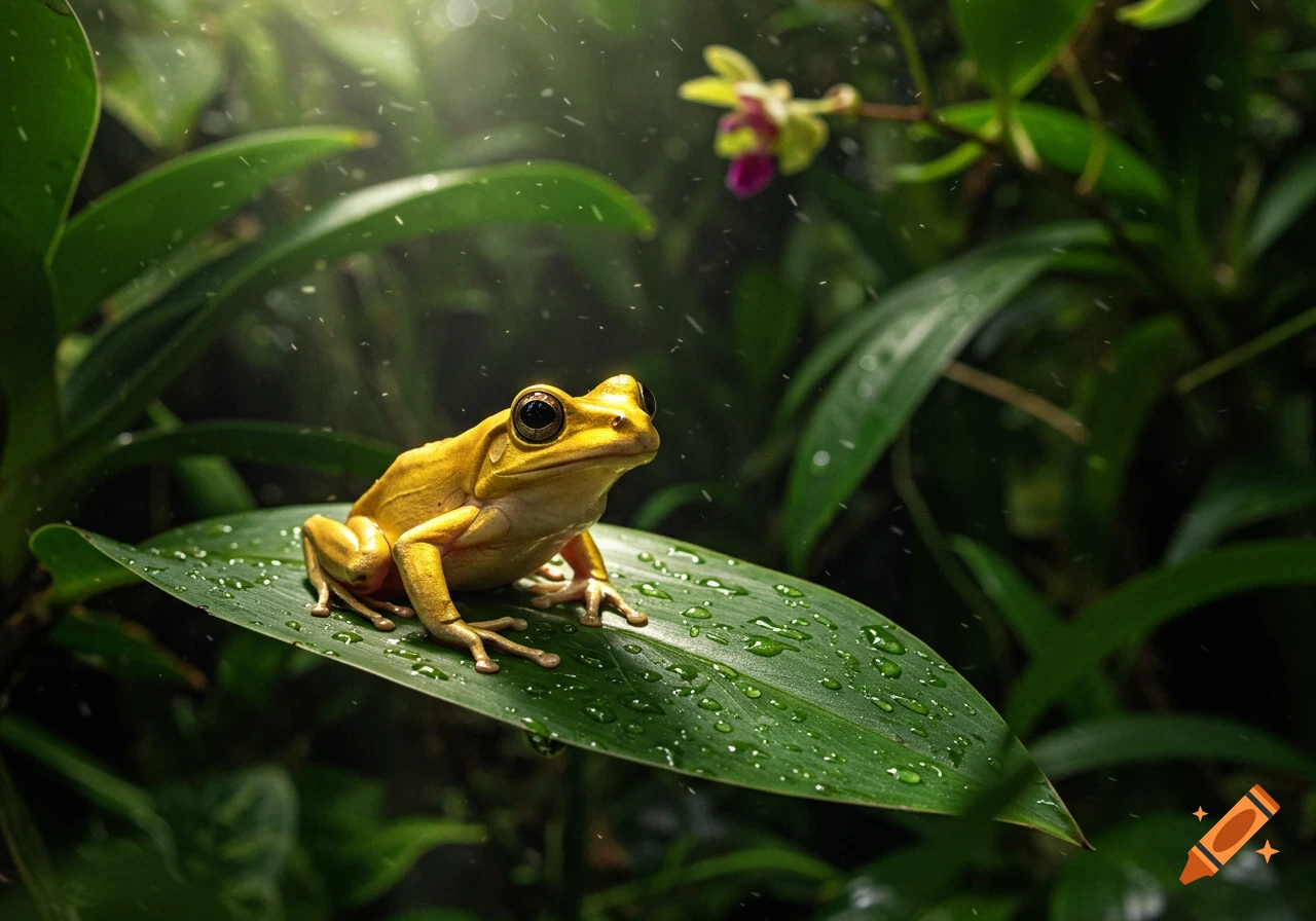 A golden frog sits on a dew-covered green leaf in a lush, misty rainforest. Photorealistic.