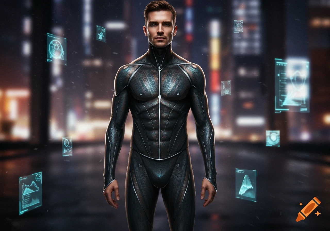A man in a black, textured futuristic suit stands in a blurred city at night, surrounded by glowing blue holographic displays.