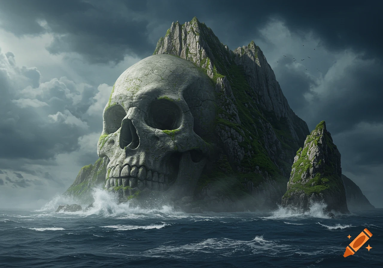 A massive, moss-covered skull-shaped island emerges from a turbulent dark blue sea under a dramatic, cloudy sky.