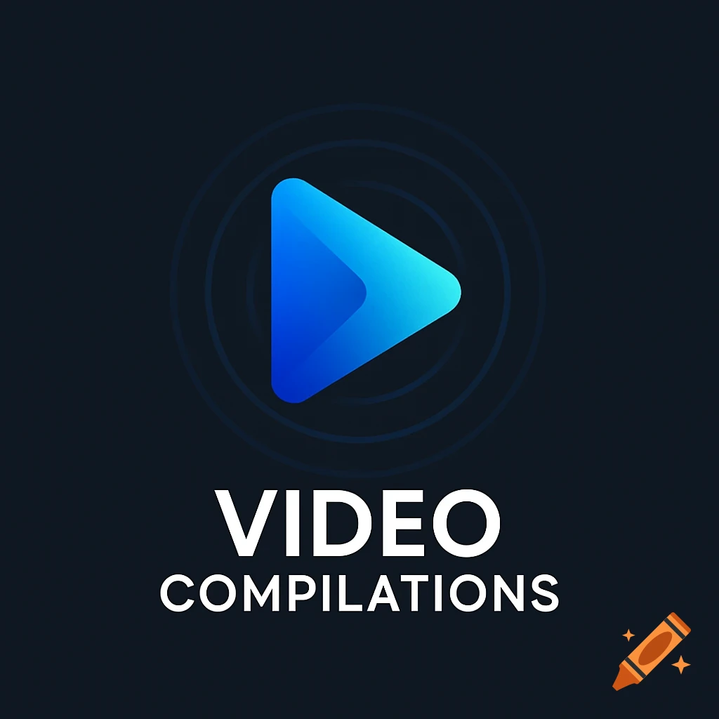 Blue gradient play button logo with concentric circles and the text 'VIDEO COMPILATIONS' on a dark background.