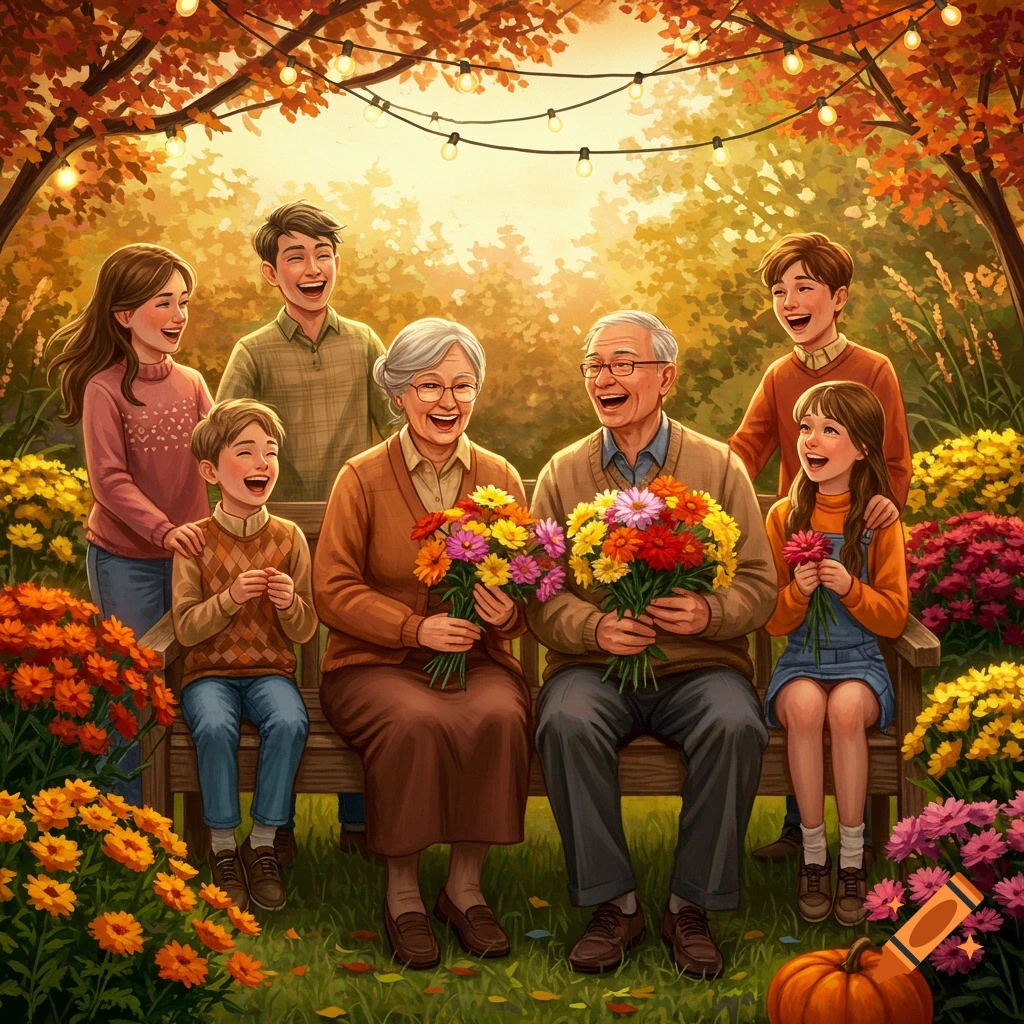Illustrated happy multi-generational family celebrating in an autumn garden with flowers and string lights.