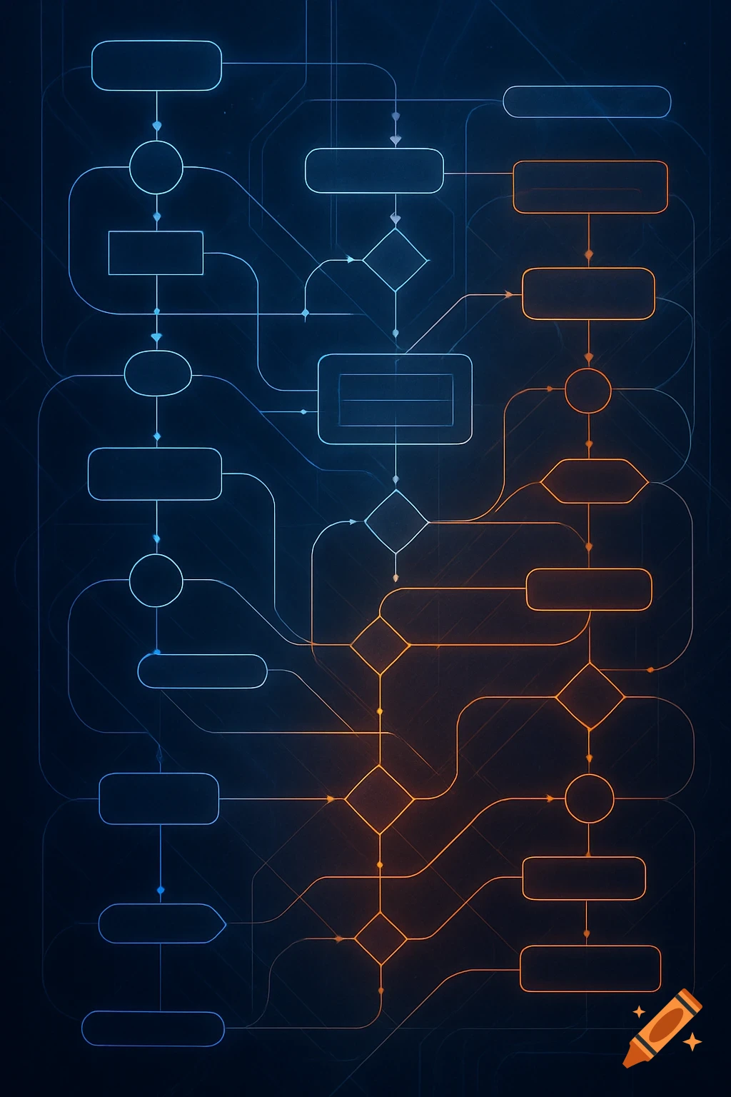 A glowing blue and orange workflow diagram with various interconnected shapes and lines on a dark background.