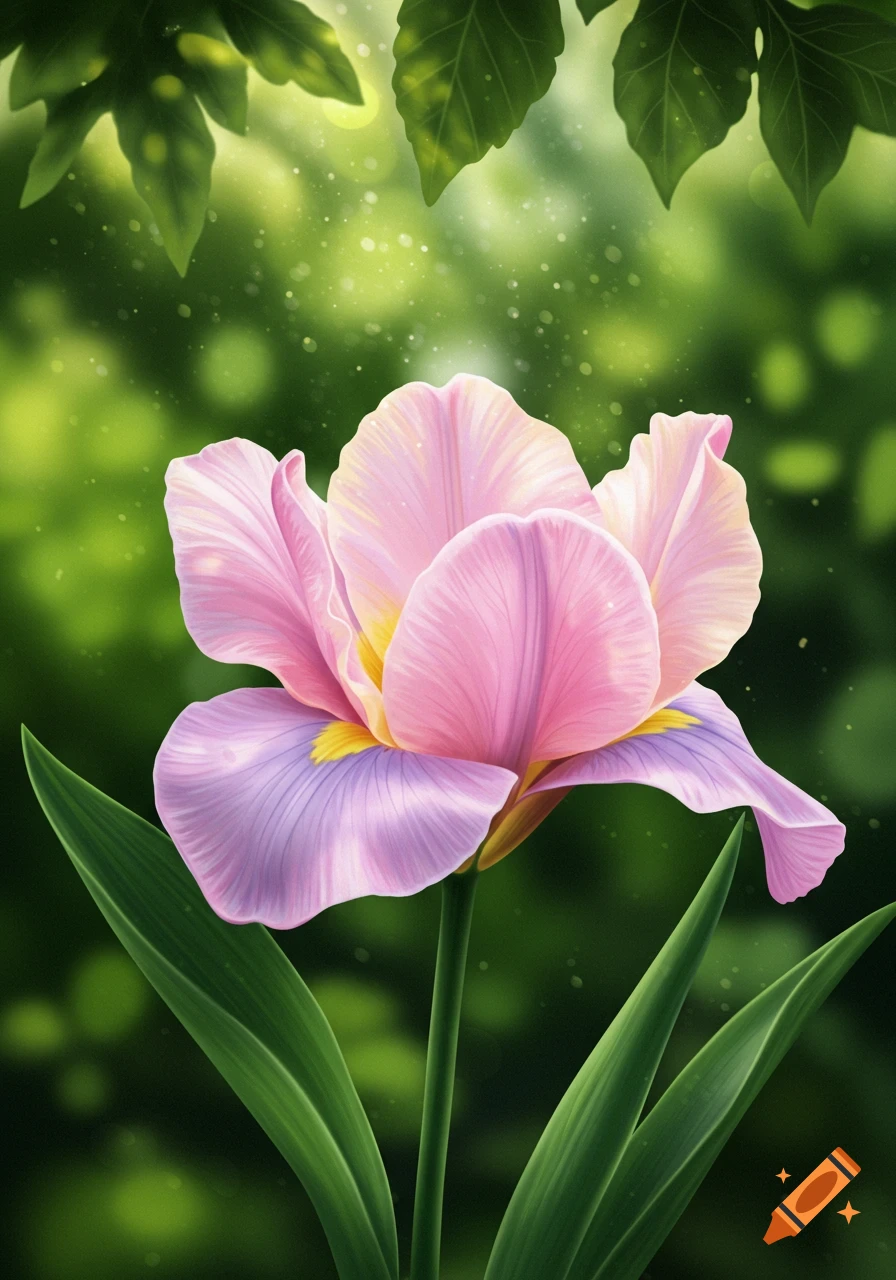 Vibrant pink and purple flower with green leaves against a soft green bokeh background, digital art.