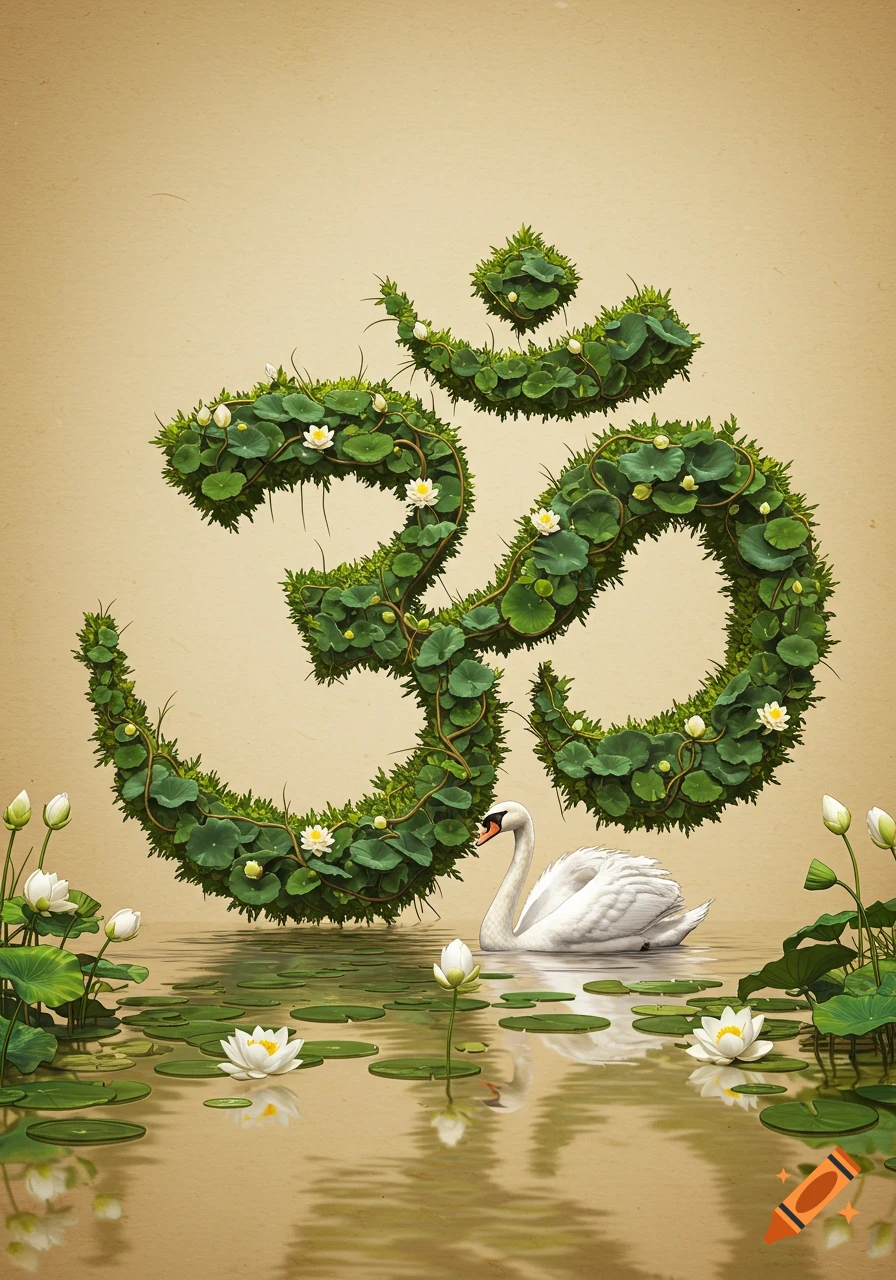 Botanical OM symbol made of lotus plants with white flowers, a swan in water, on a light brown background.