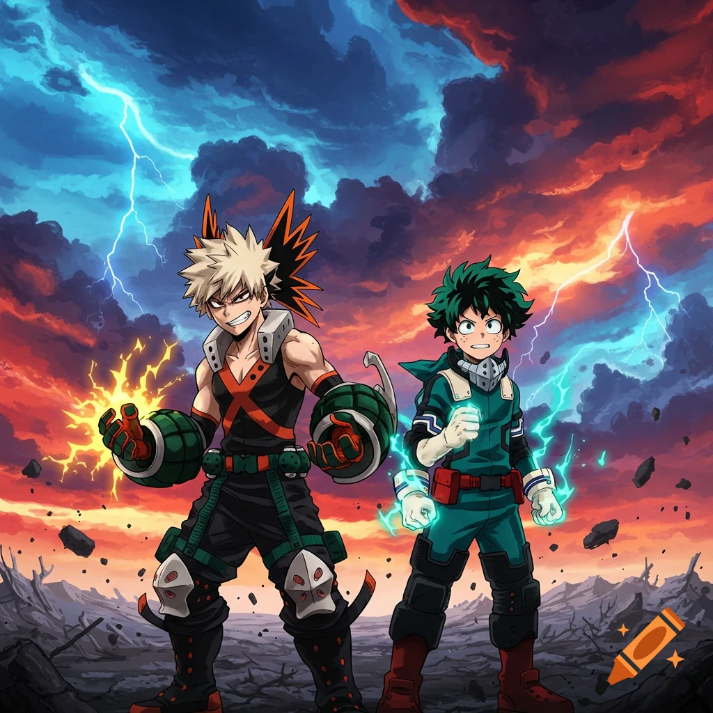 Anime characters Bakugo and Deku with glowing powers on a stormy battlefield.