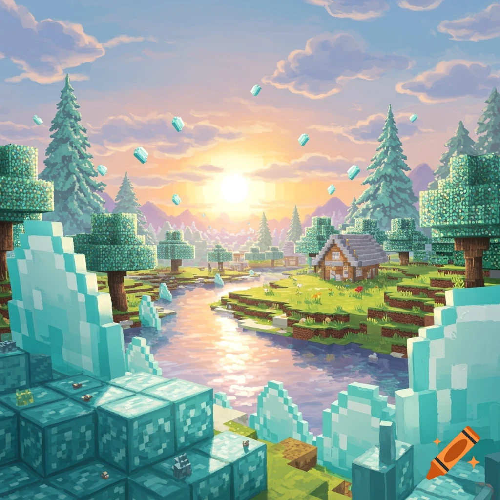 A pixel-art Minecraft-style landscape with a river, small house, trees, and floating diamond blocks under a sunny sky.