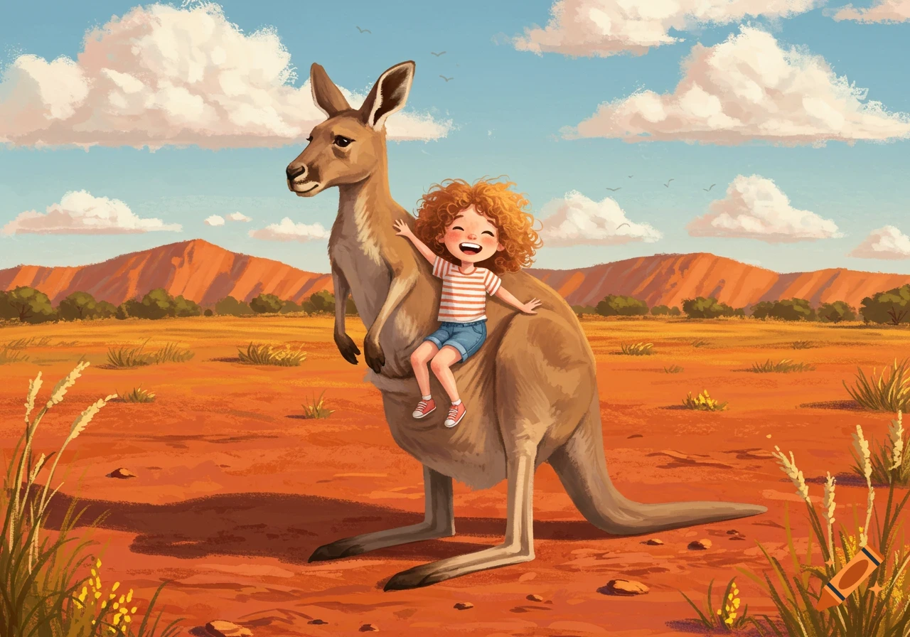 A happy cartoon girl with curly hair rides a kangaroo through a vibrant, illustrated Australian outback with red mountains and clear skies.