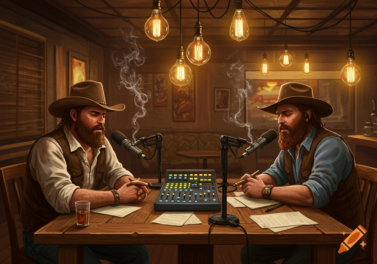 Two bearded men in cowboy hats podcast at a rustic table with microphones, smoking cigars.
