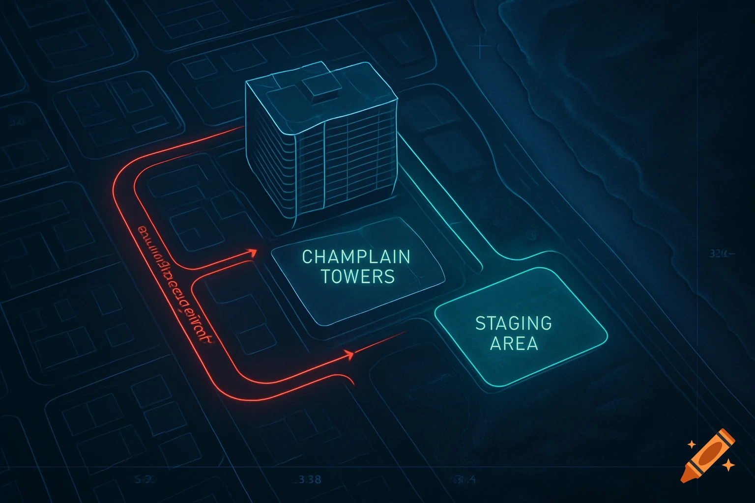Overhead view of a blue and red tactical map showing Champlain Towers, a staging area, and roads with a directional path.