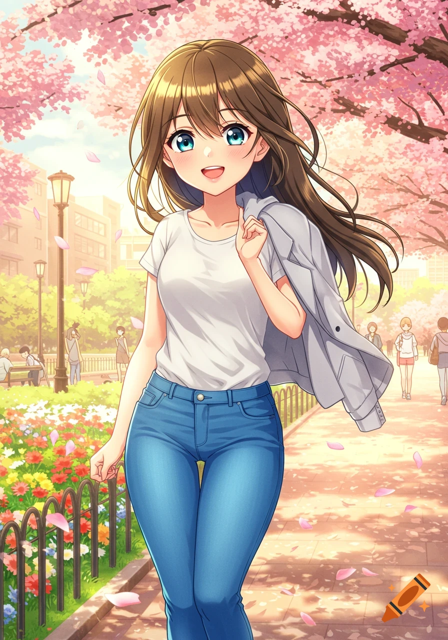 Anime woman in a white t-shirt and blue jeans, carrying a jacket, walks through a cherry blossom park.