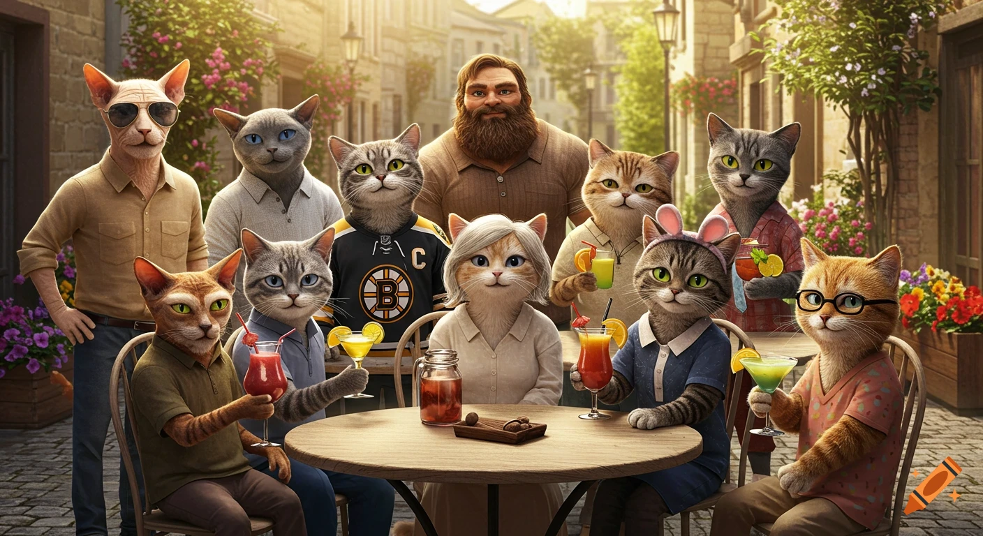 A group of anthropomorphic cats and one human man are sitting and standing at an outdoor cafe, holding drinks and smiling.