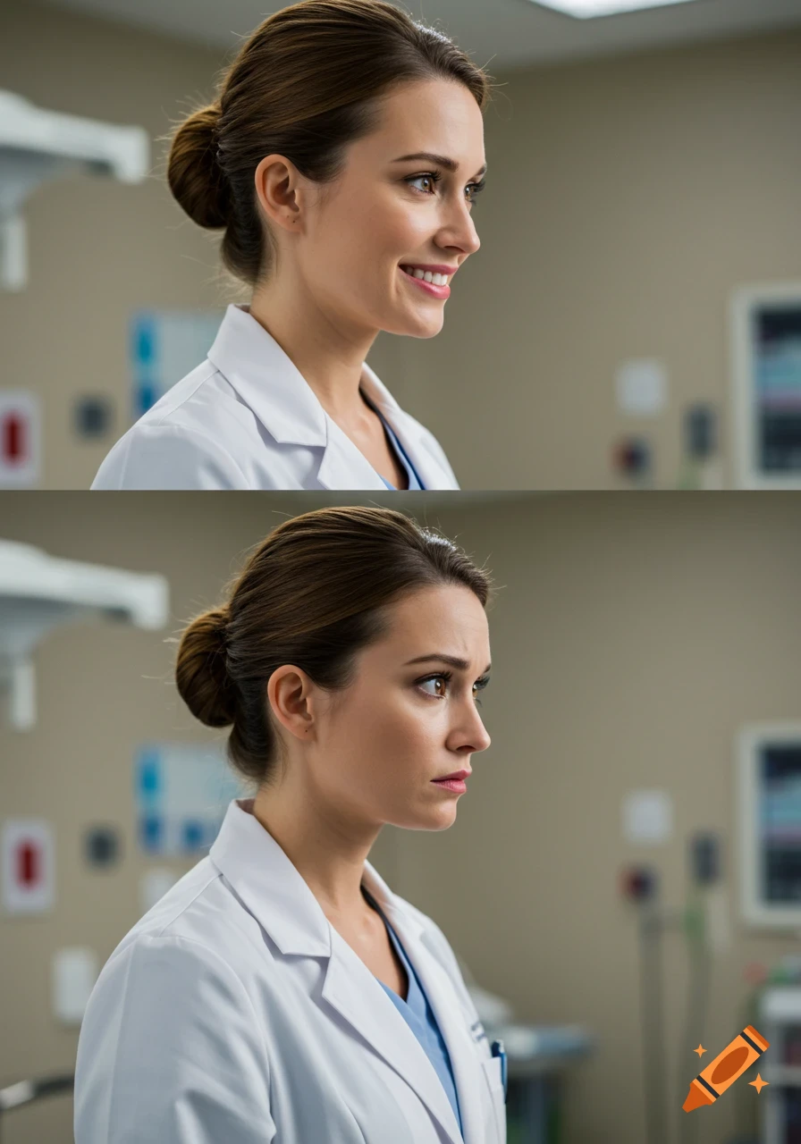 Two portraits of a female doctor in a white lab coat; top shows her smiling, bottom shows her looking concerned in a medical setting.
