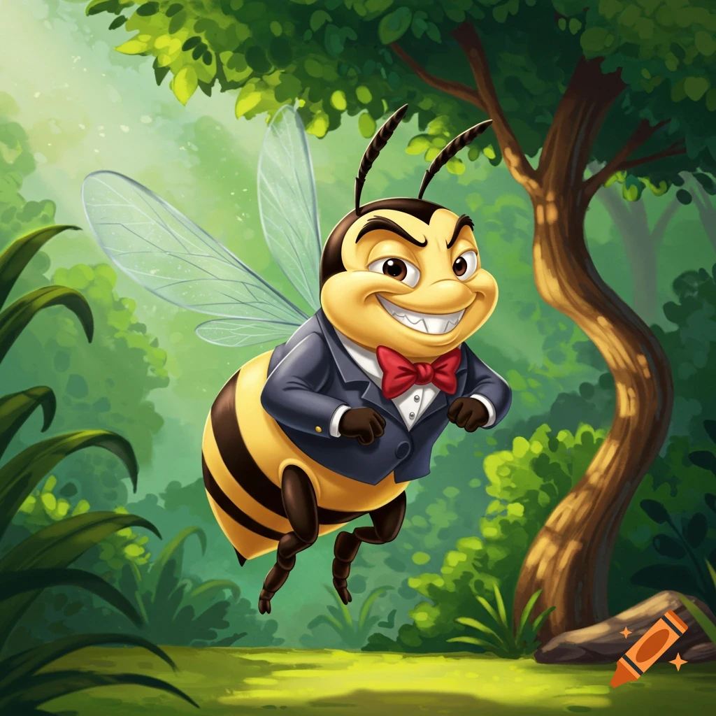 A mischievous cartoon bee in a suit and red bow tie flies through a lush green forest.