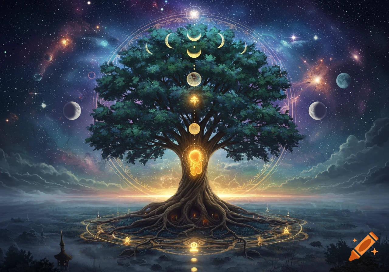 A surreal, glowing Tree of Life with an abstract baby in the womb at its trunk, surrounded by a celestial mandala against a cosmic starry sky.