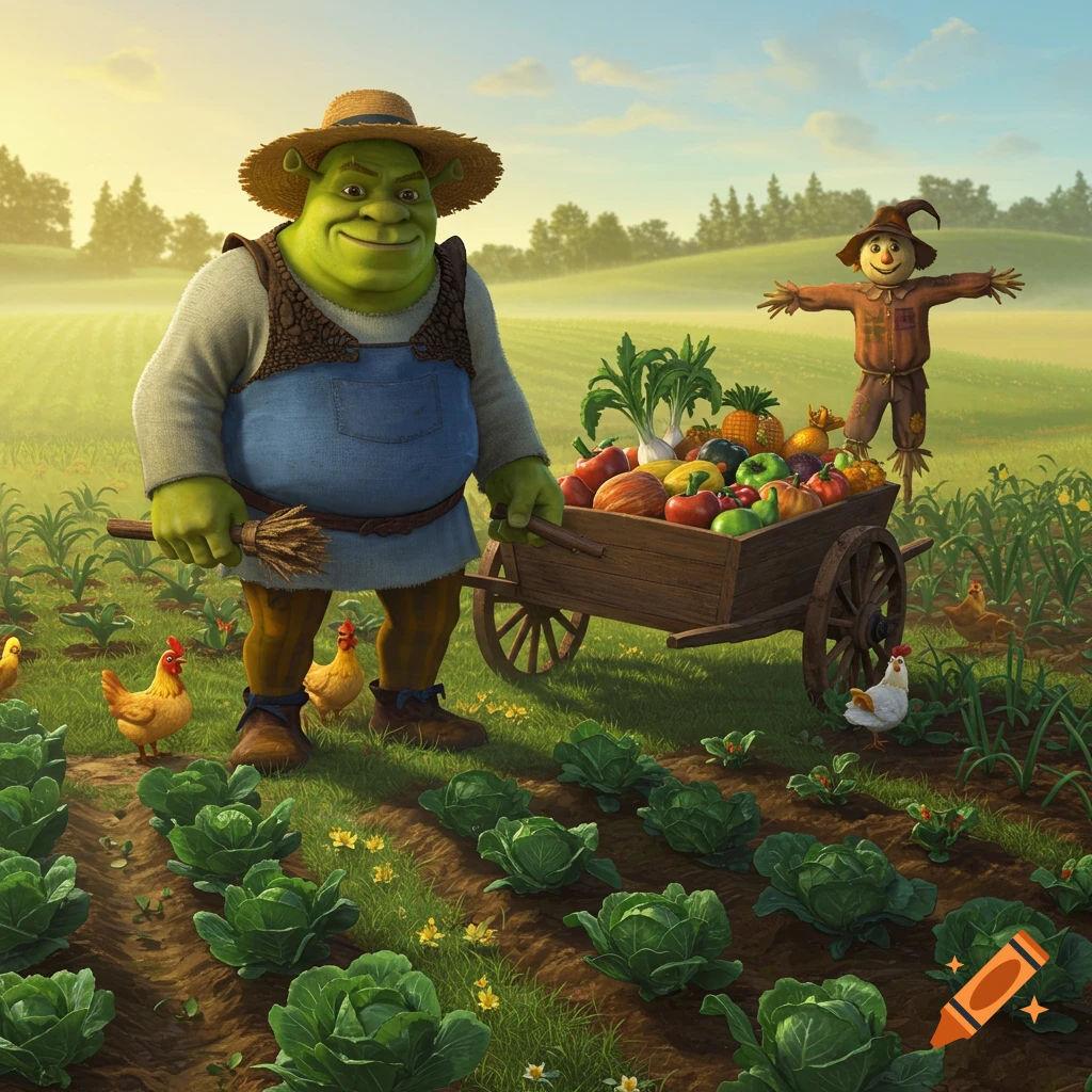 Shrek as a farmer in a straw hat and overalls, holding a broom and a wheelbarrow of vegetables in a sunny garden with chickens and a scarecrow.