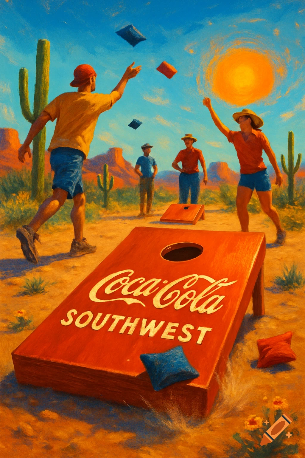 Vibrant, painterly illustration of people playing cornhole with a Coca-Cola Southwest branded board in a sunny desert landscape with saguaro cacti.