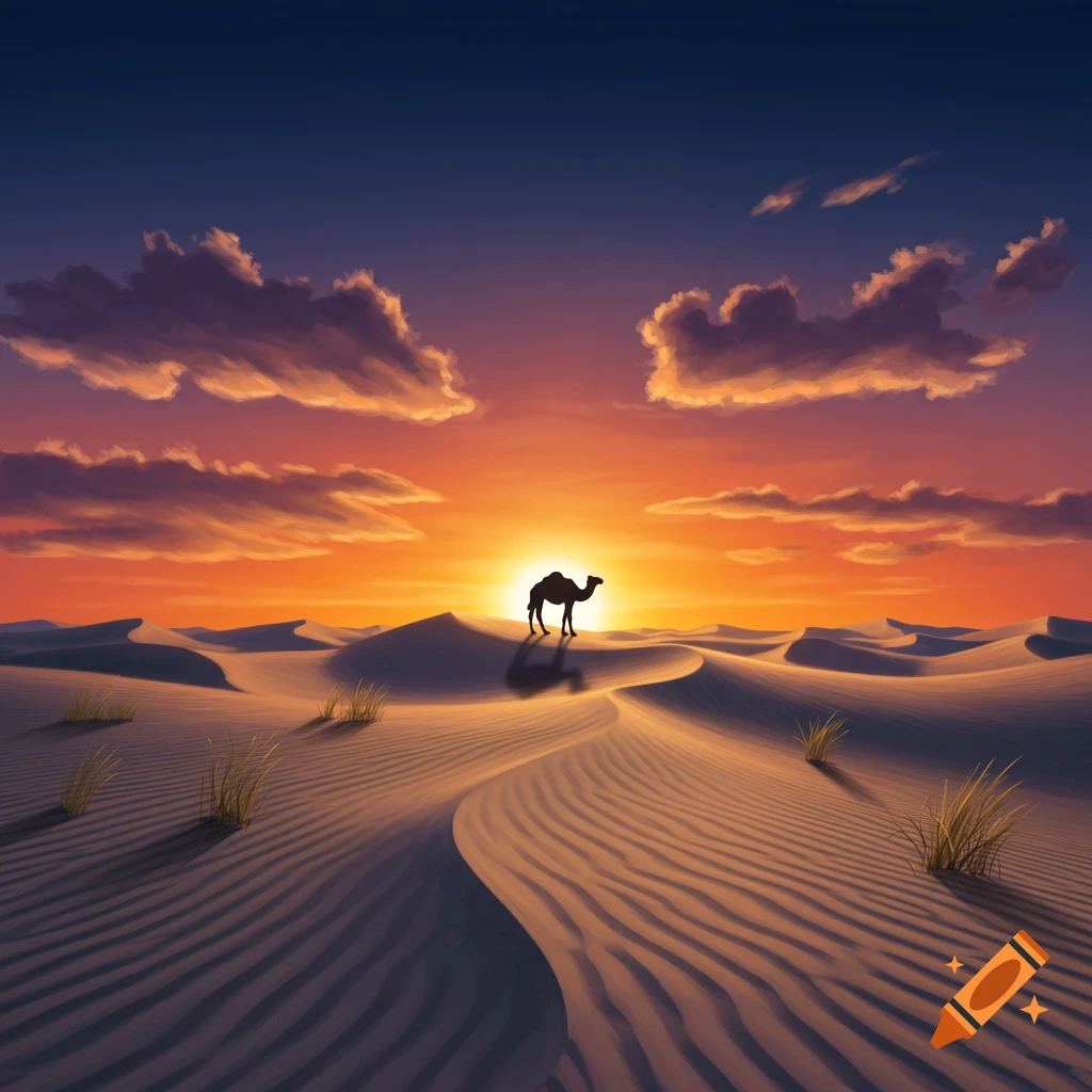 A lone camel silhouette stands atop a desert dune against a dramatic orange and purple sunset.