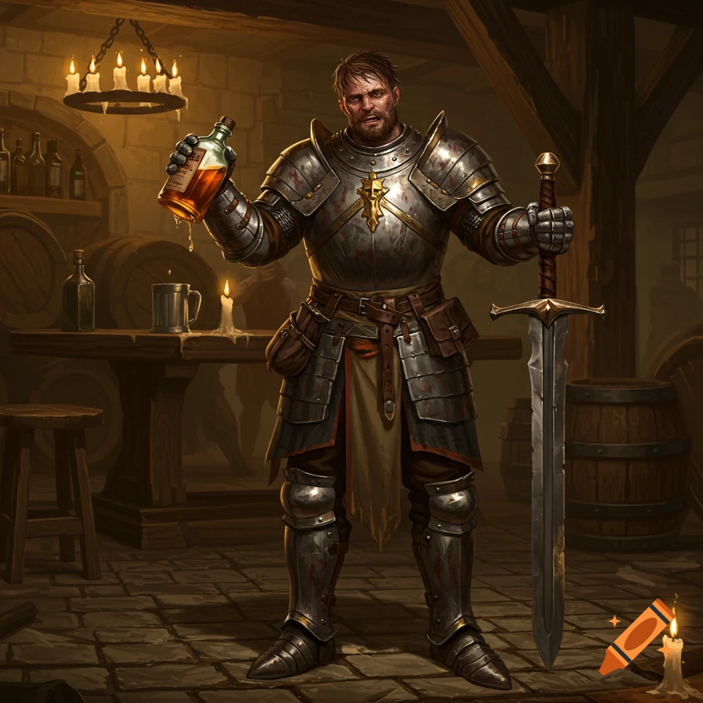 A realistic image of a drunk male paladin in heavy plate armor with stubble, holding a whiskey bottle and a greatsword in a tavern.
