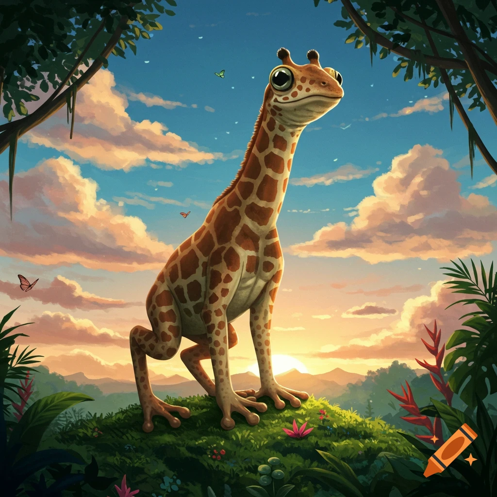 A cartoonish giraffe-frog creature with large eyes sits on a grassy hill in a lush jungle at sunset.