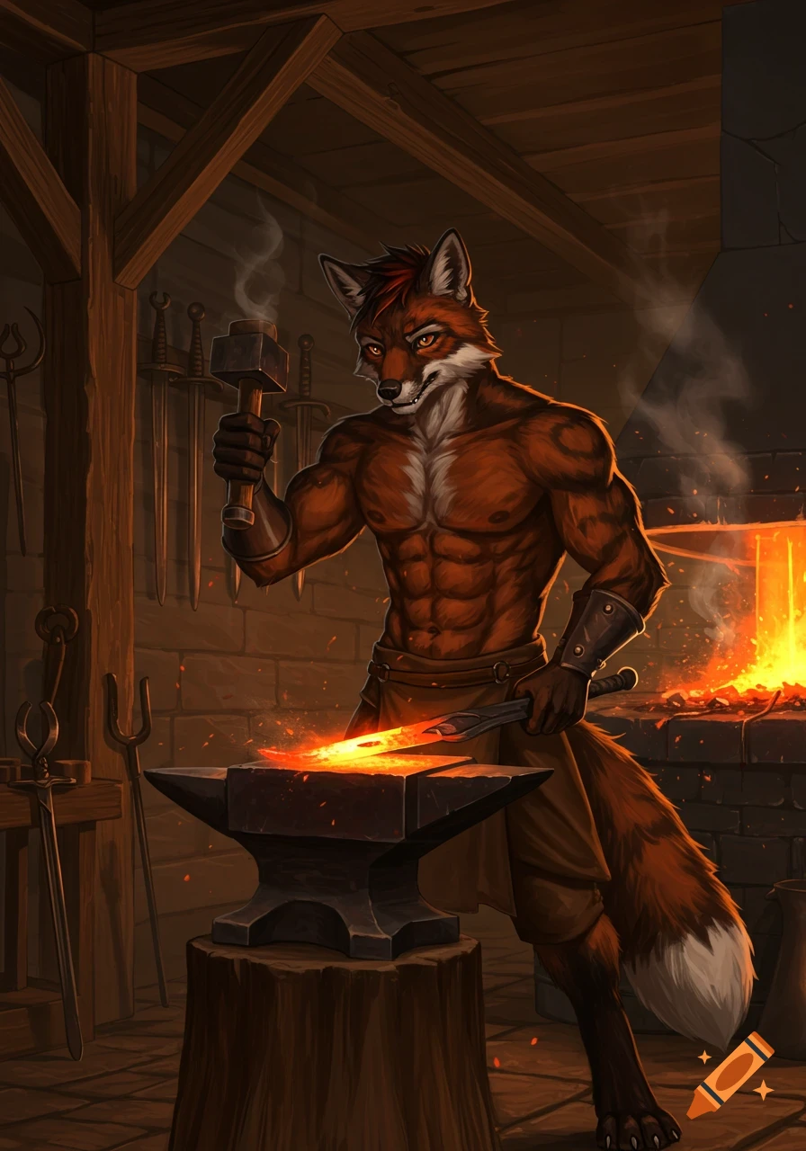 A strong, shirtless anthropomorphic fox blacksmith forging a glowing blade on an anvil in a rustic forge.