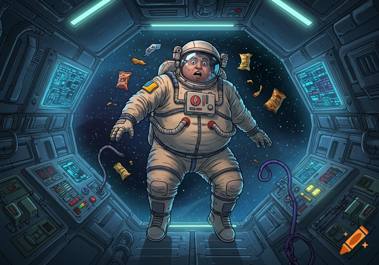 A surprised, chubby cartoon astronaut floats in a spaceship full of snacks, looking out at space.