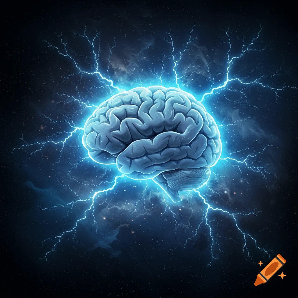 A stylized glowing blue brain surrounded by bright blue lightning bolts against a dark, starry, cosmic background.