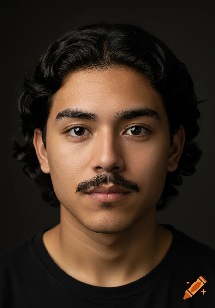 Close-up portrait of a Hispanic young man with dark wavy hair and a mustache, looking directly at the viewer against a dark background.