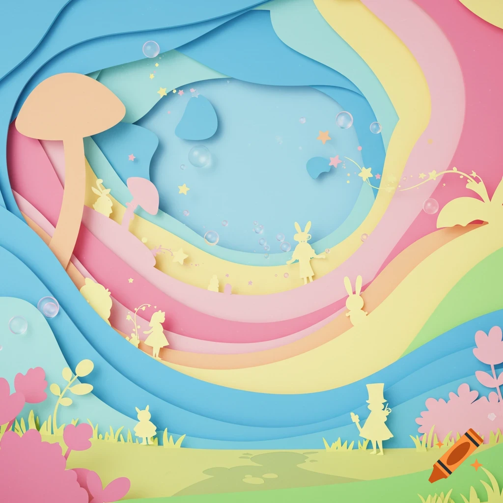Colorful papercraft landscape with wavy layers, mushrooms, bubbles, stars, and Alice in Wonderland-inspired silhouettes.