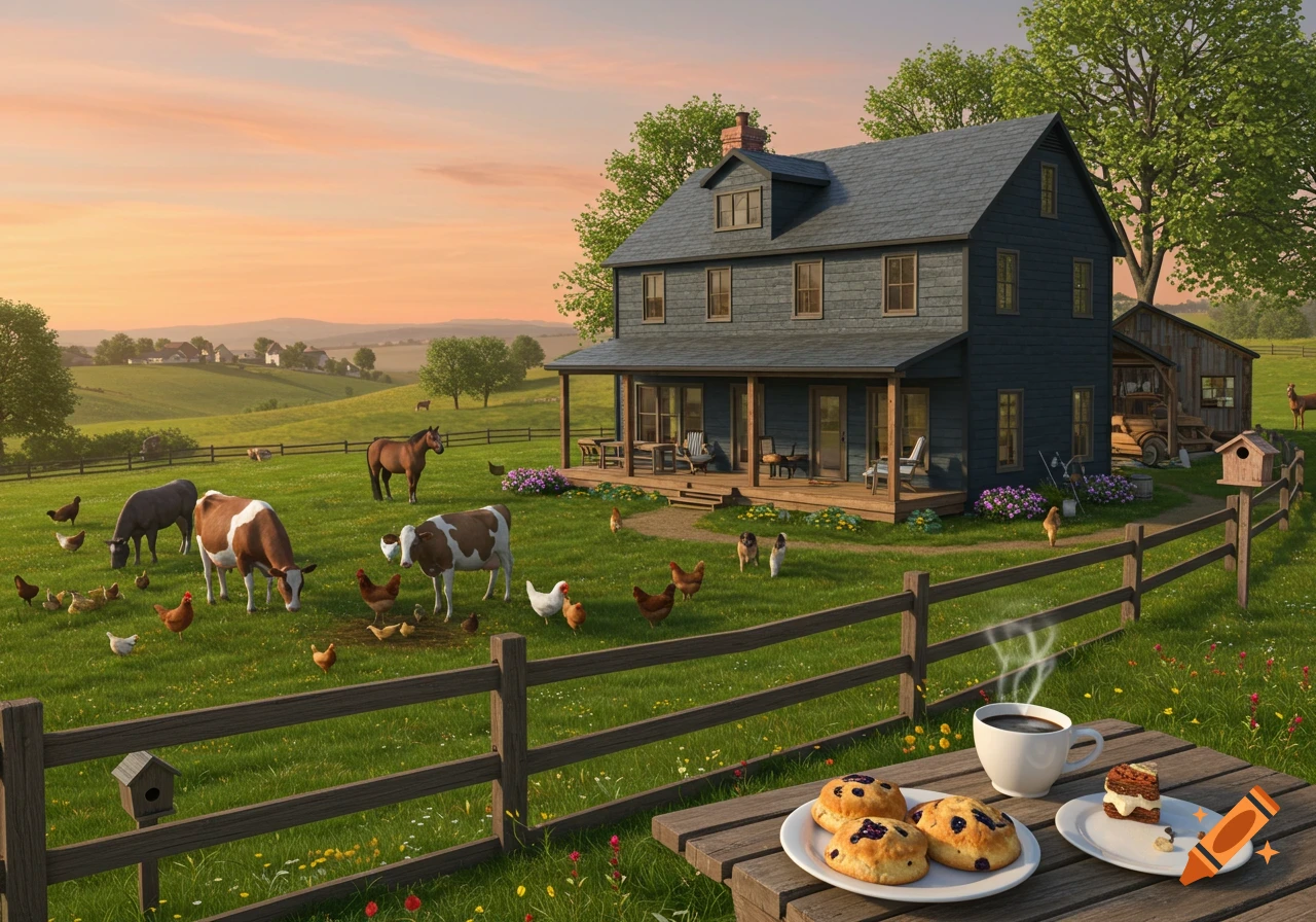 A picturesque farm with a dark grey farmhouse and barn, surrounded by green fields, cows, horses, chickens, and dogs. A table with coffee and scones sits in the foreground.