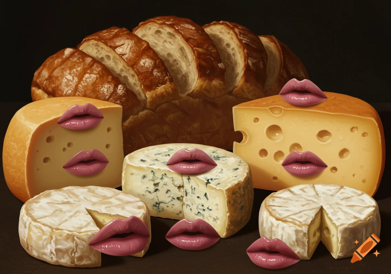 A still life painting of a loaf of sliced bread and various cheeses, all adorned with pink human lips.