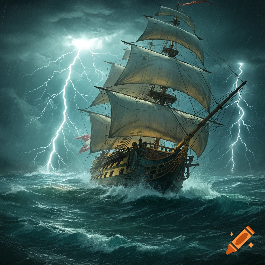 A majestic Man-o-War sailing ship navigates through a furious storm, illuminated by bright lightning strikes and heavy rain on roiling waves.
