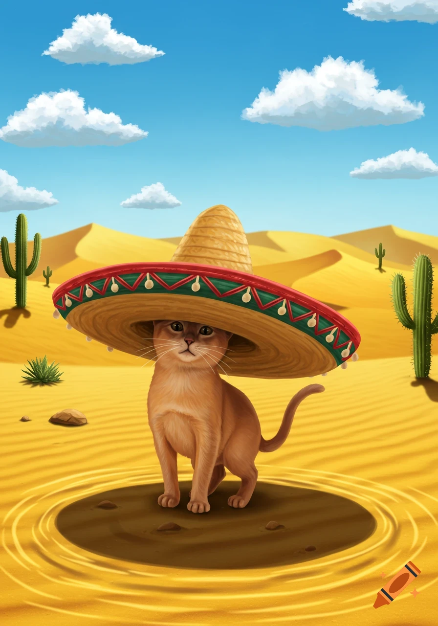 A cartoon cat wearing a large sombrero in a desert with sand dunes and cacti.