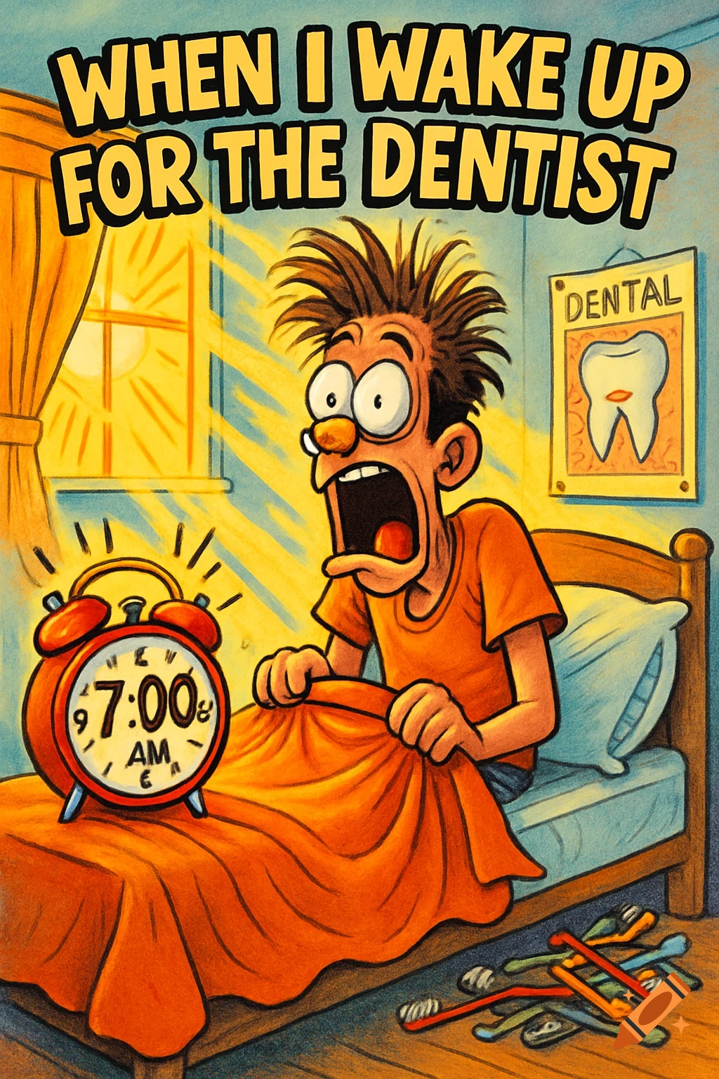Cartoon man with messy hair screams in shock at his 7 AM alarm clock, with text 'WHEN I WAKE UP FOR THE DENTIST'.