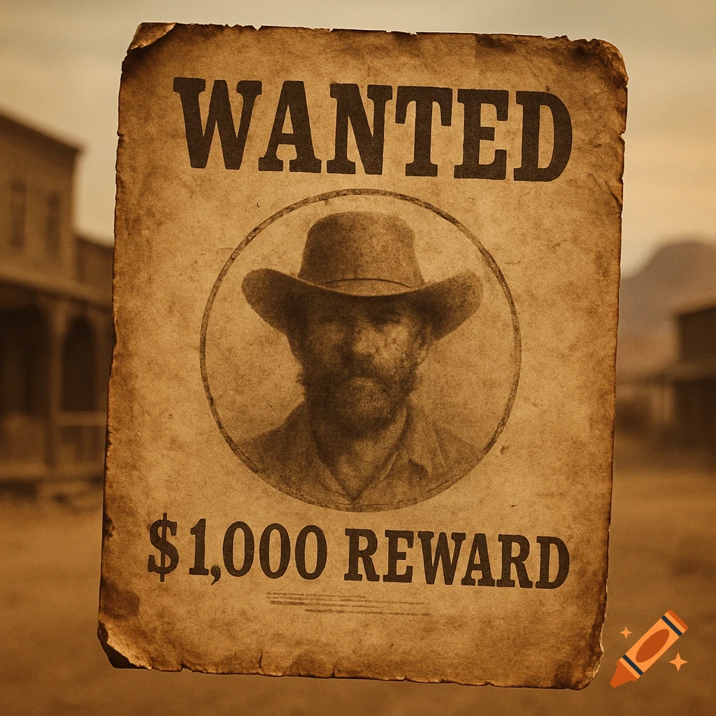 A sepia-toned vintage wanted poster with "WANTED" and "$1,000 REWARD" text, featuring a faded portrait of a man in a cowboy hat. An Old West town is blurred in the background.