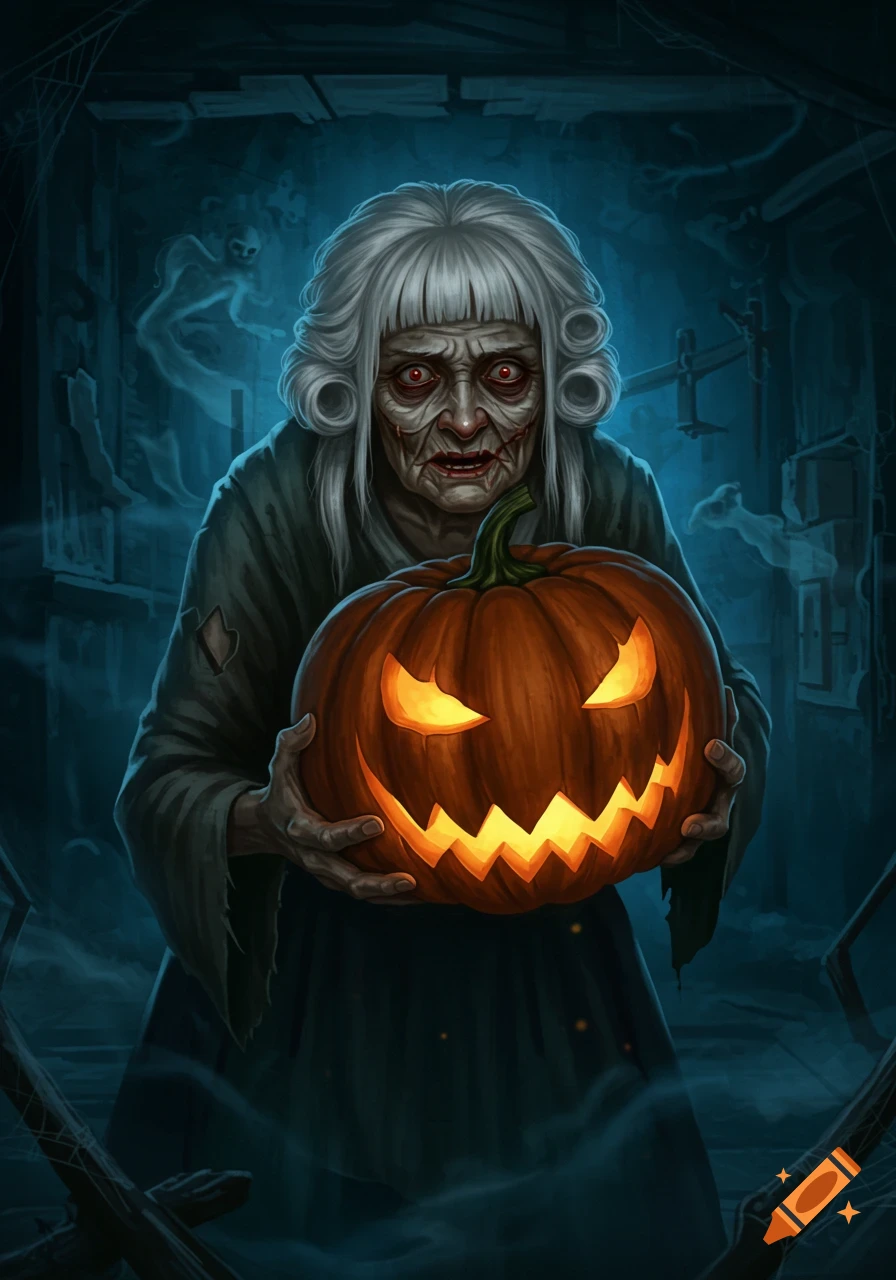 A ghoulish old woman with a white wig and red eyes holds a glowing jack-o-lantern in a dark, spooky setting with ghosts.