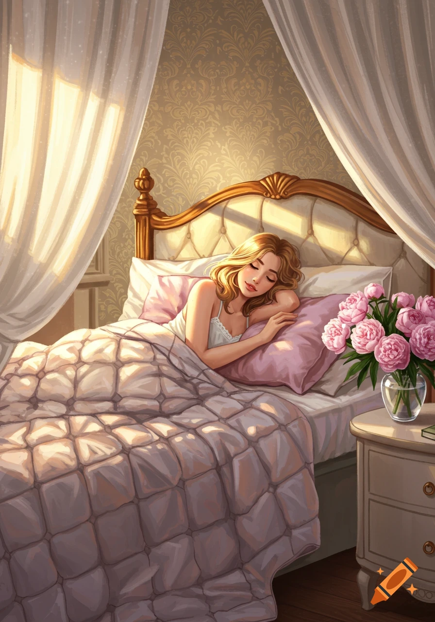 Illustrated woman sleeping peacefully in a sunlit canopy bed, with pink peonies on a nightstand.
