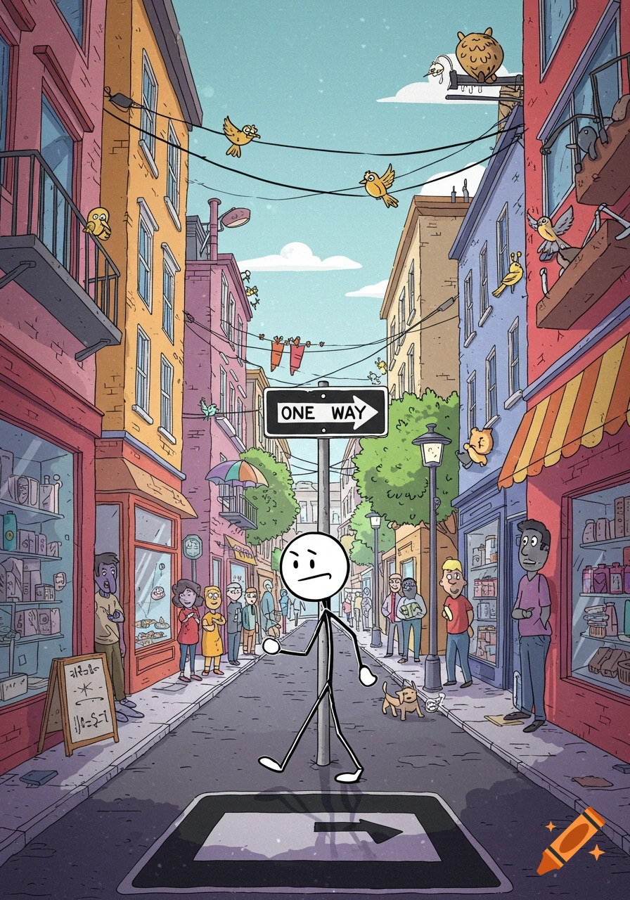 A cartoon stickman with a grumpy face walks left down a colorful city street with shops and a 'ONE WAY' sign pointing right, against traffic.