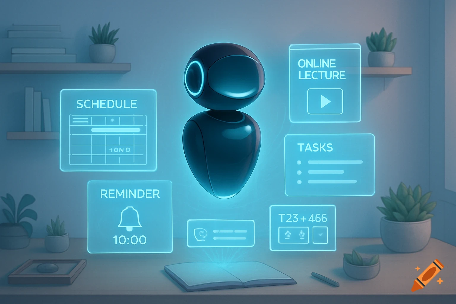 Glowing futuristic digital assistant shows holographic schedules, lectures, and reminders in a serene study space.
