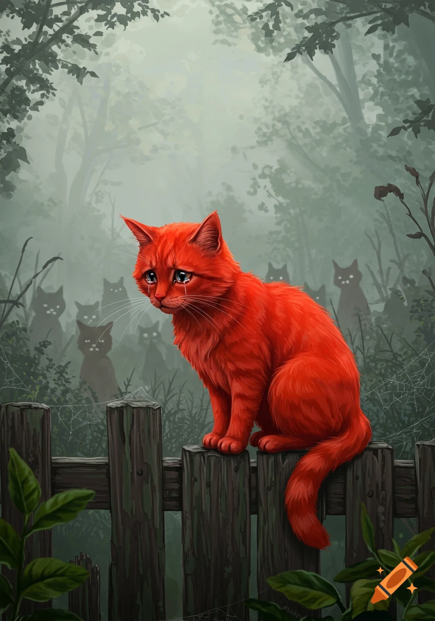 A vibrant red cat with tears sits on a wooden fence, looking sad, surrounded by shadowy cat figures with glowing eyes in a misty forest.