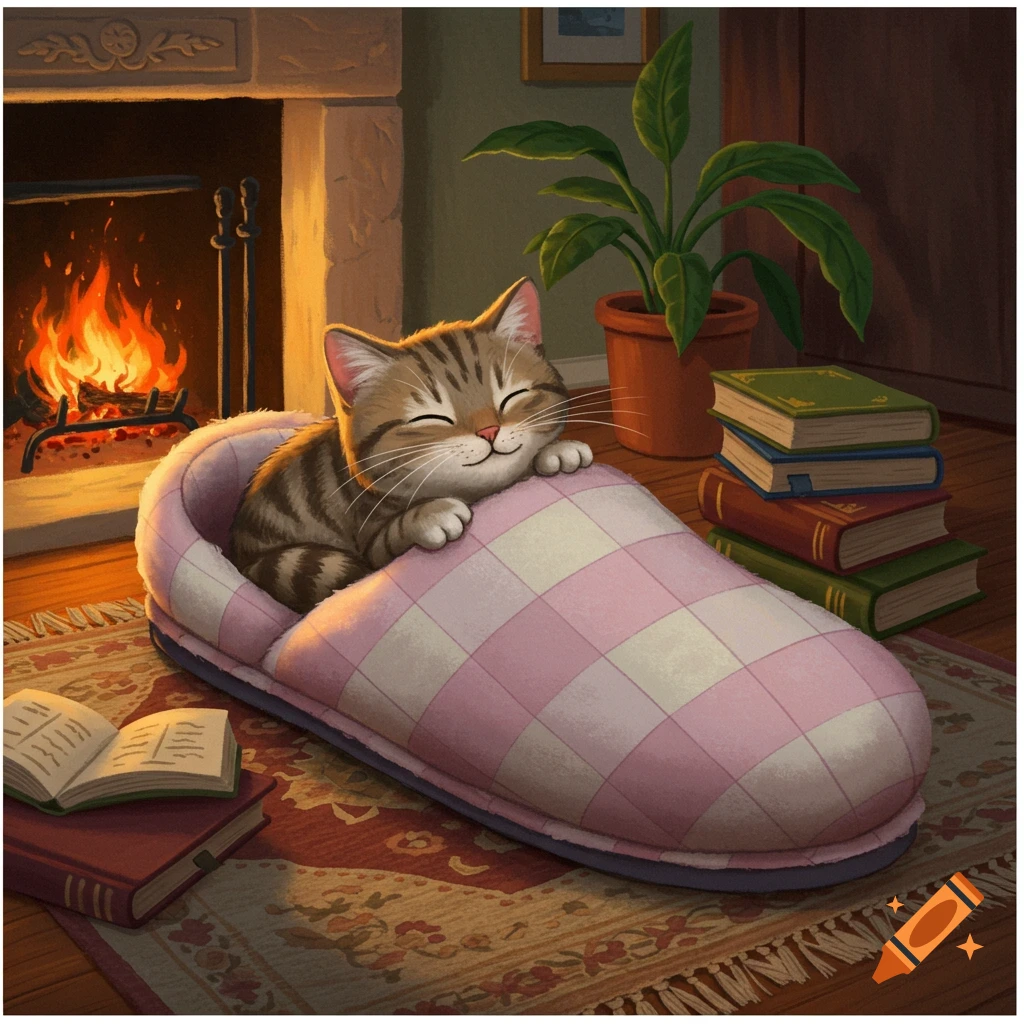 A happy, striped tabby kitten sleeps cozily in a large pink and white checkered slipper by a warm fireplace with books, in an illustration.