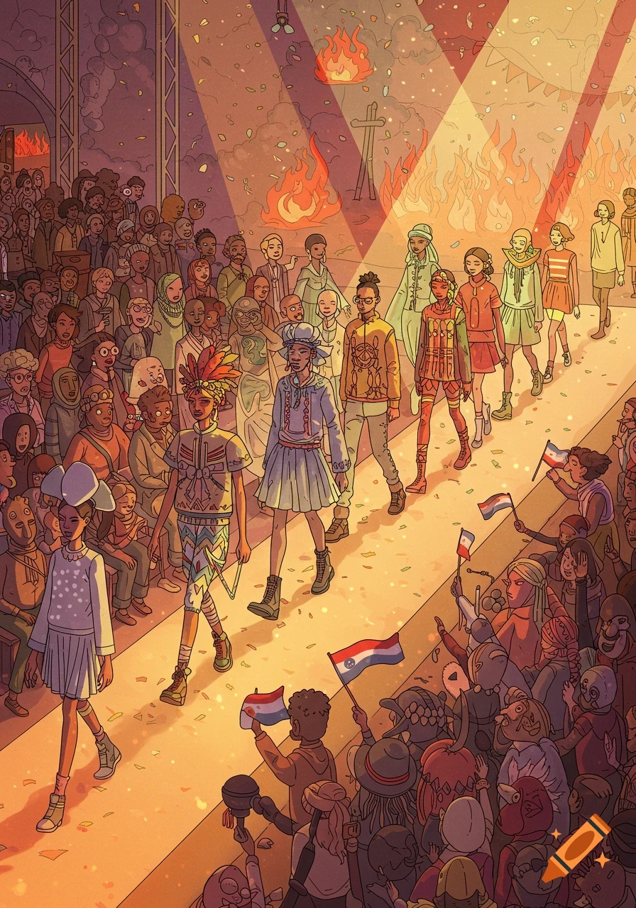 Vibrant cartoon illustration of a diverse fashion show on a runway, cheered by an audience with flags, confetti, and fires in the background.