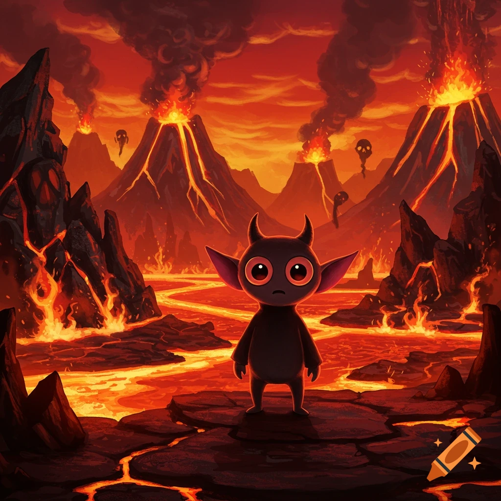 Cartoon devil creature with big red eyes and horns stands in a fiery hellscape with lava rivers and erupting volcanoes.