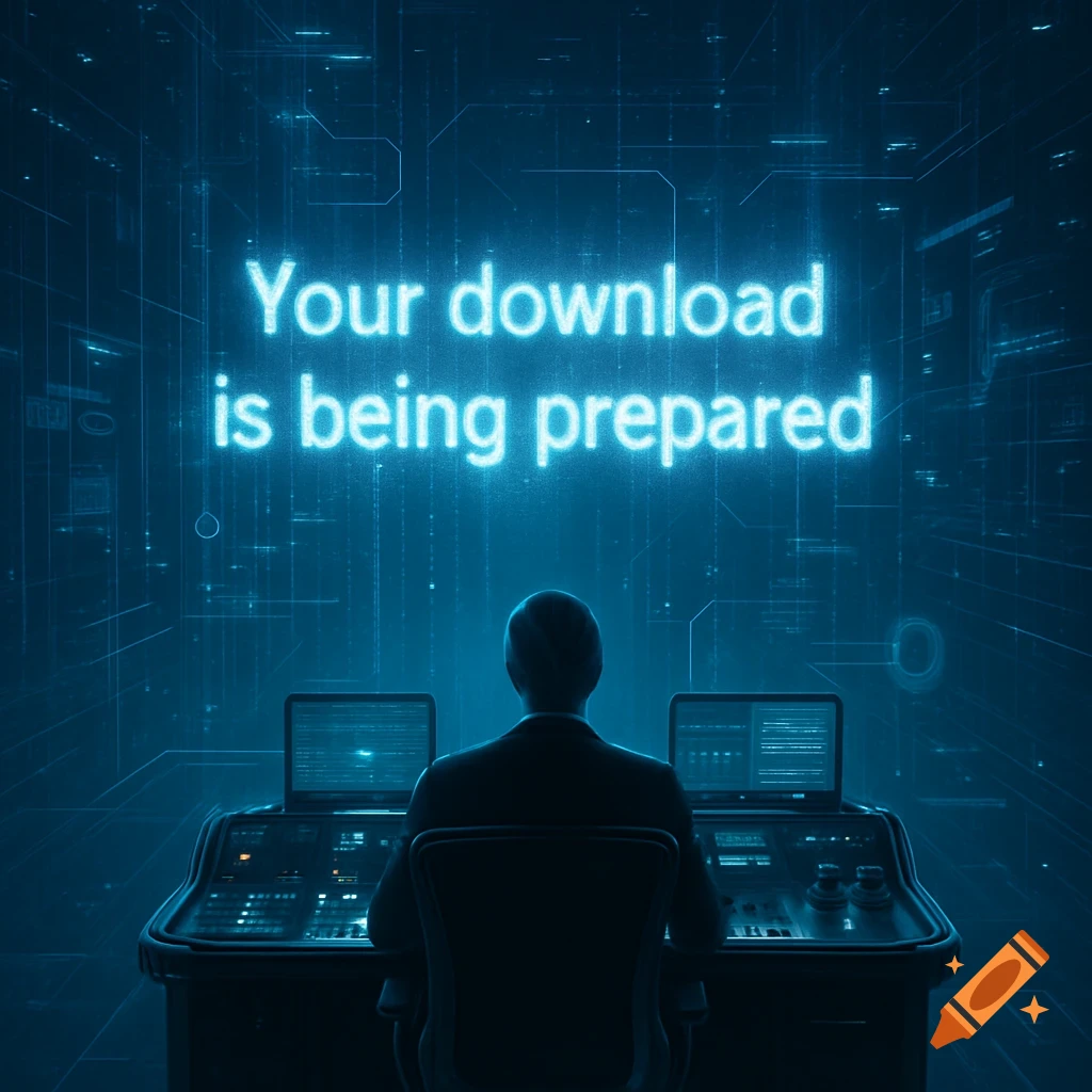 A person viewed from behind sits at a futuristic control panel, watching a large blue screen displaying 'Your download is being prepared' in a digital environment.